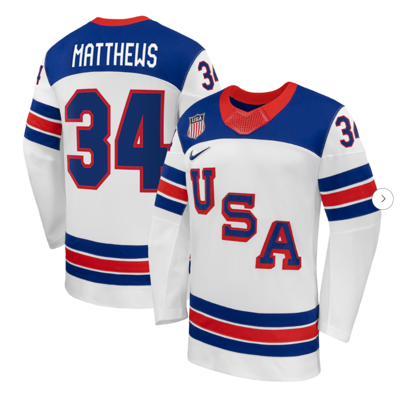 #34 Auston Matthews USA Hockey Nike 2026 Away Replica Jersey - White