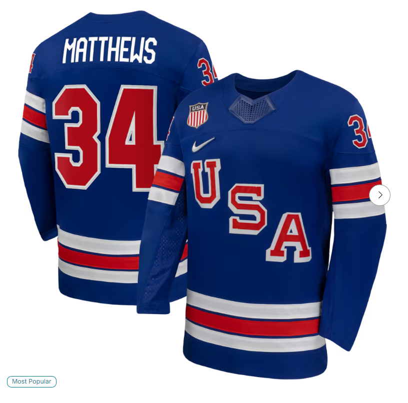 #34 Auston Matthews USA Hockey Nike 2026 Home Replica Jersey - Royal