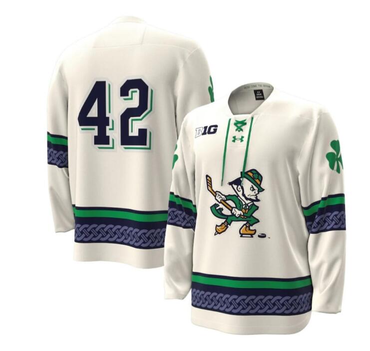 #42 Notre Dame Fighting Irish Under Armour Alternate Leprechaun Replica Hockey Jersey - White