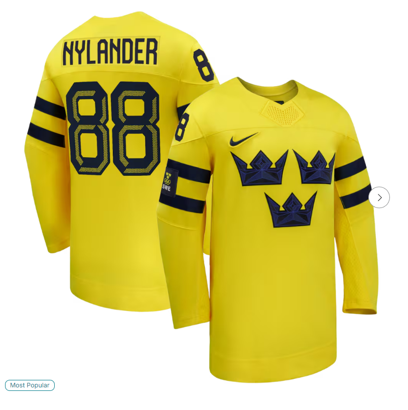 #88 William Nylander Sweden Hockey Nike 2026 Away Replica Jersey - Yellow