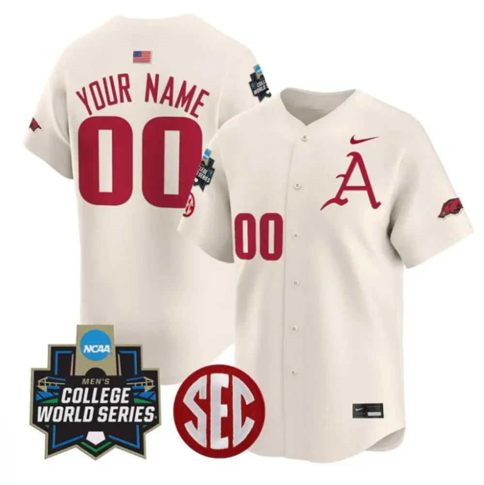  Arkansas Razorbacks Custom Cream Team Logo 2025 College Baseball World Series Game Jersey 