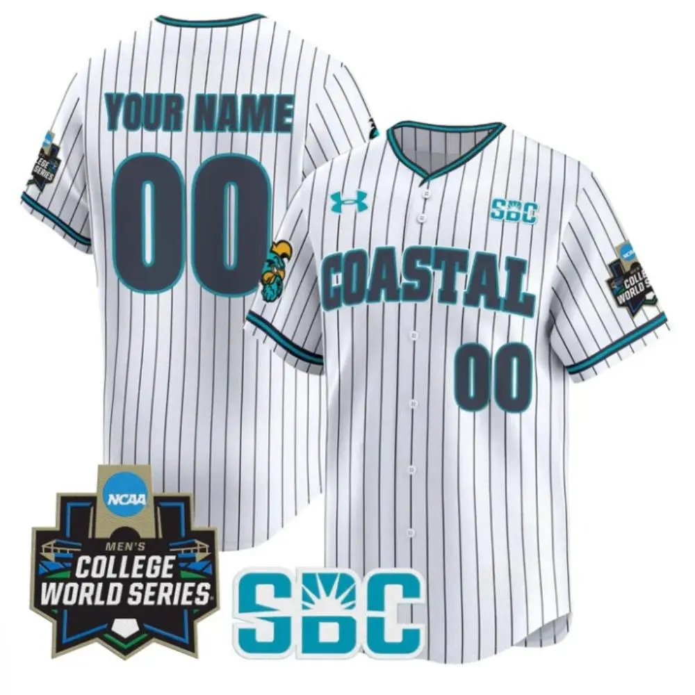  Coastal Carolina Chanticleers Custom White Pinstripe 2025 College Baseball World Series Jersey 