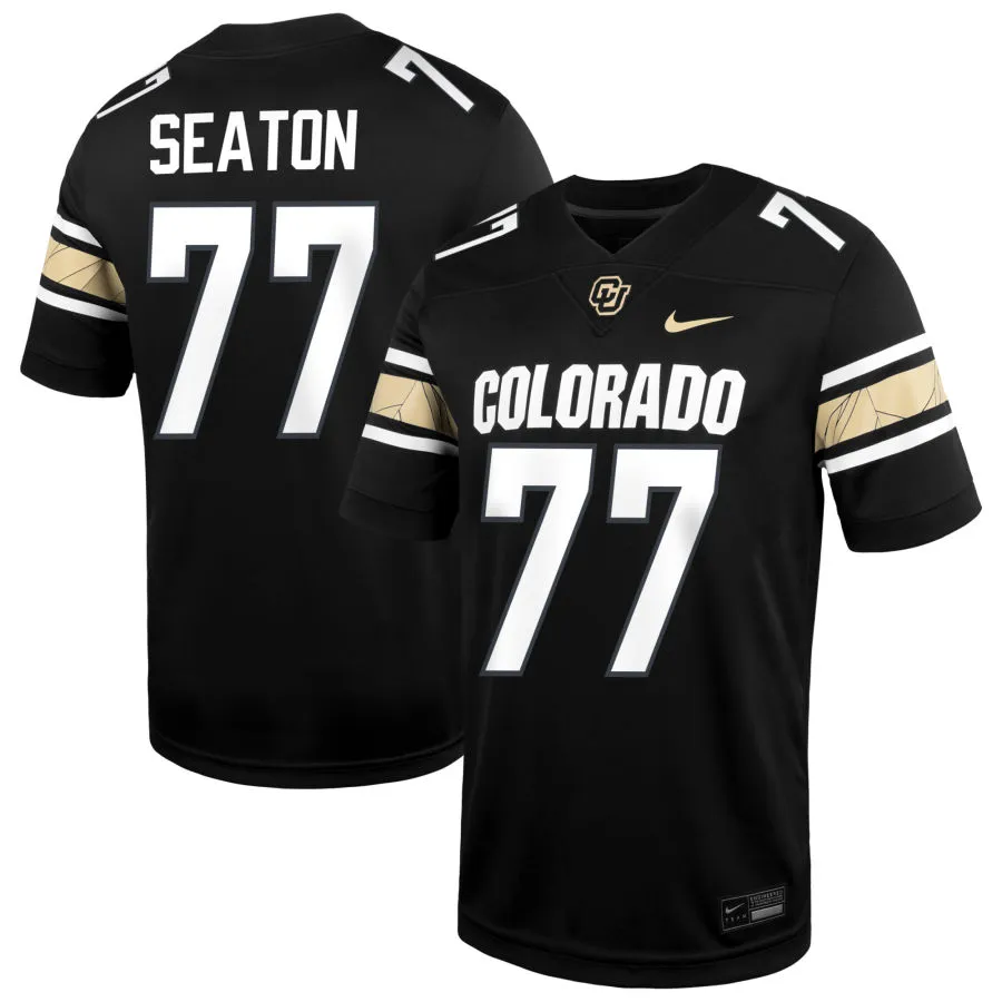  Colorado Buffaloes #77 Jordan Seaton 2025 Black White College Football Game Jersey 