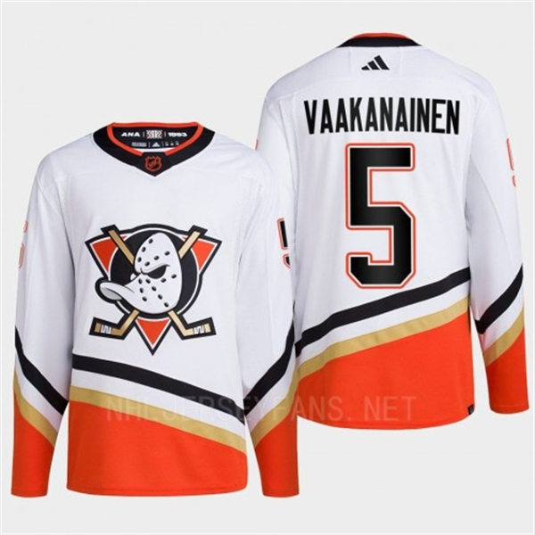  Men's Anaheim Ducks #5 Urho Vaakanainen White 2022 Reverse Retro Primegreen Jersey 