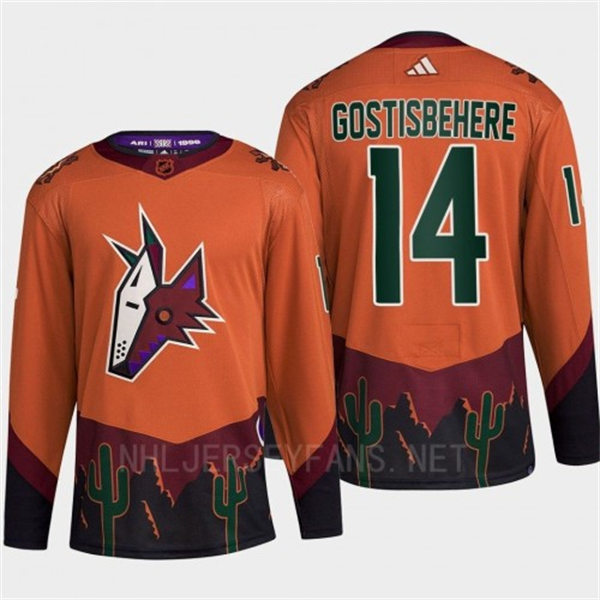  Men's Arizona Coyotes #14 Shayne Gostisbehere Orange Maroon 2022 Reverse Retro Primegreen Jersey 