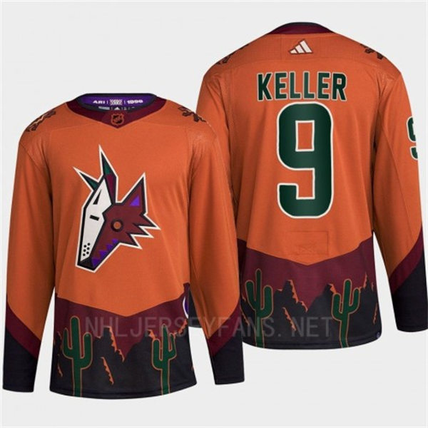  Men's Arizona Coyotes #9 Clayton Keller Orange Maroon 2022 Reverse Retro Primegreen Jersey 