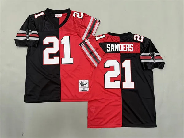  Men's Atlanta Falcons #21 Deion Sanders 1989 Black Red Split Two Tone Throwback Jersey 
