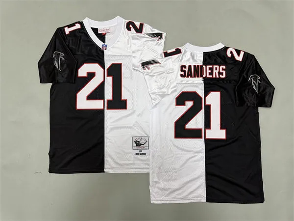  Men's Atlanta Falcons #21 Deion Sanders 1992 Black White Split Two Tone Throwback Jersey 