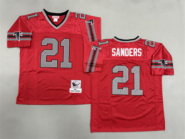  Men's Atlanta Falcons #21 Deion Sanders 1992 Red Gray Throwback Jersey 