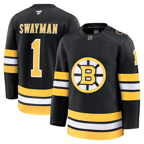  Men's Boston Bruins #1 Jeremy Swayman Fanatics 2025 Black Home Premium Player Jersey 