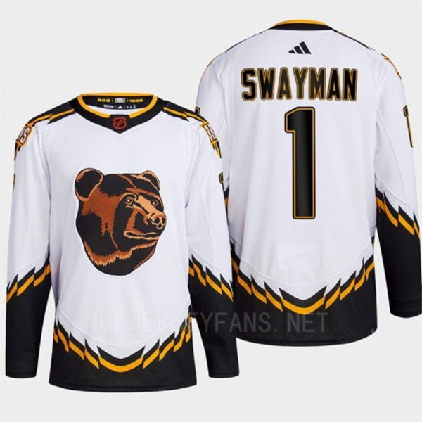  Men's Boston Bruins #1 Jeremy Swayman White 2022 Reverse Retro Primegreen Jersey 
