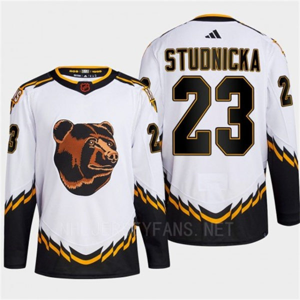  Men's Boston Bruins #23 Jack Studnicka White 2022 Reverse Retro Primegreen Jersey 