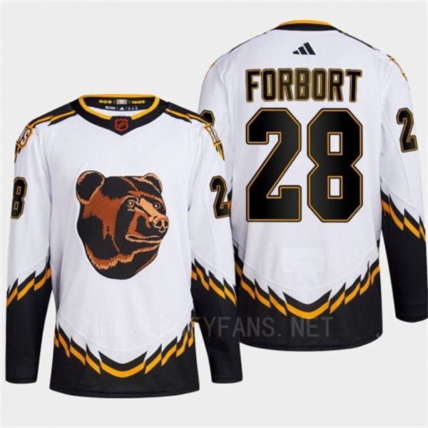  Men's Boston Bruins #28 Derek Forbort White 2022 Reverse Retro Primegreen Jersey 