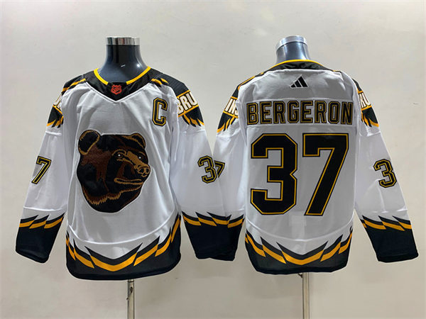  Men's Boston Bruins #37 Patrice Bergeron White 2022 Reverse Retro Primegreen Jersey 