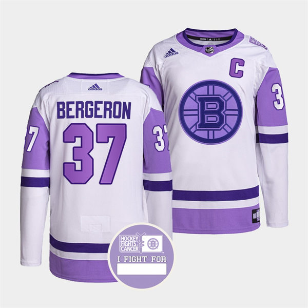  Men's Boston Bruins #37 Patrice Bergeron White Purple Hockey Fights Cancer Primegreen Jersey 