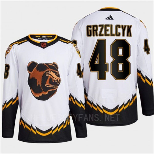  Men's Boston Bruins #48 Matt Grzelcyk White 2022 Reverse Retro Primegreen Jersey 