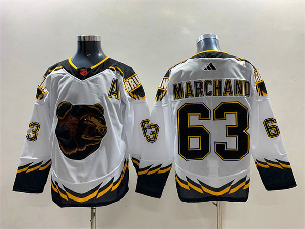  Men's Boston Bruins #63 Brad Marchand White 2022 Reverse Retro Primegreen Jersey 