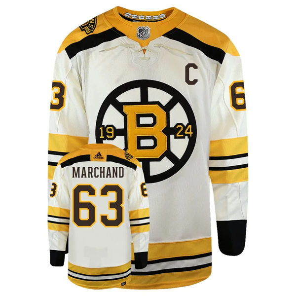  Men's Boston Bruins #63 Brad Marchand adidas 100th Anniversary Primegreen Authentic Jersey - Cream 