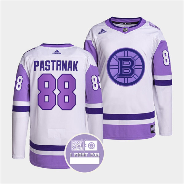  Men's Boston Bruins #88 David Pastrnak 2021 White Purple Primegreen Hockey Fights Cancer Jersey 