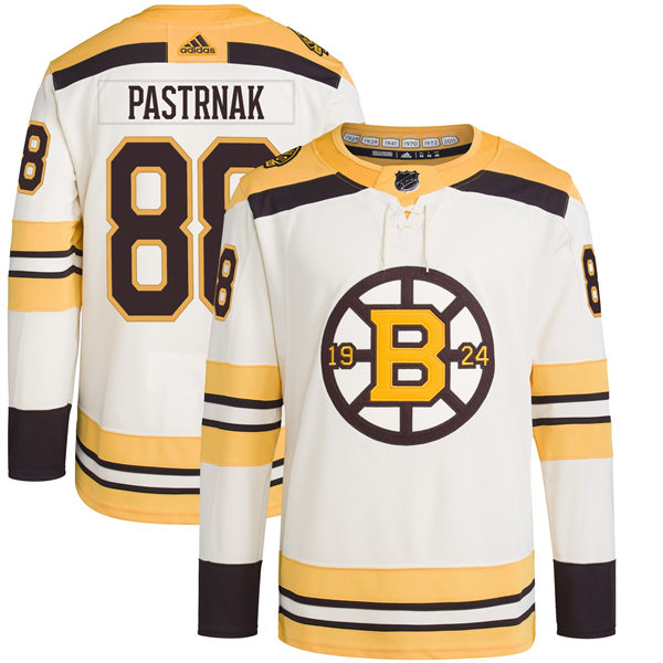  Men's Boston Bruins #88 David Pastrnak adidas 100th Anniversary Primegreen Authentic Jersey - Cream 