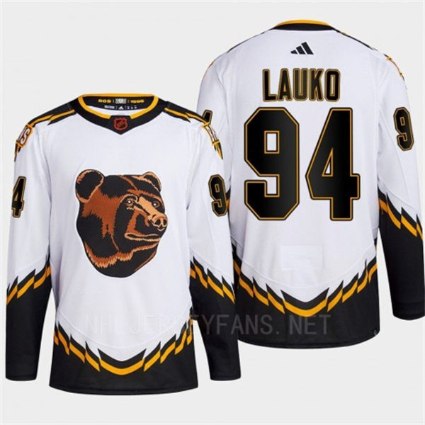  Men's Boston Bruins #94 Jakub Lauko White 2022 Reverse Retro Primegreen Jersey 