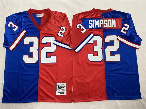  Men's Buffalo Bills #32 O.J. Simpson Royal Red Splt Two Tone 1990 Throwback Vintage Football Jersey 