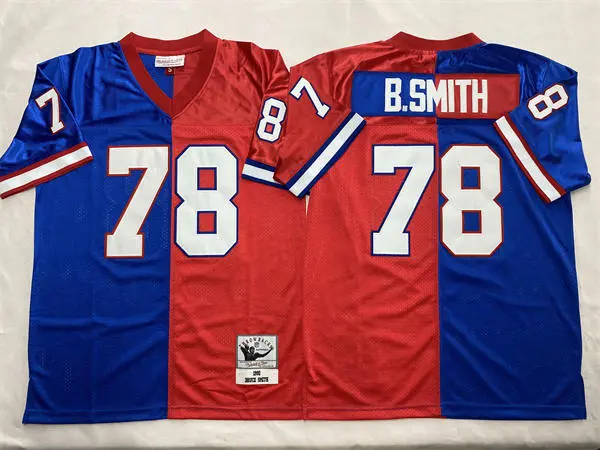  Men's Buffalo Bills #78 Bruce Smith Royal Red Splt Two Tone 1990 Throwback Vintage Football Jersey 