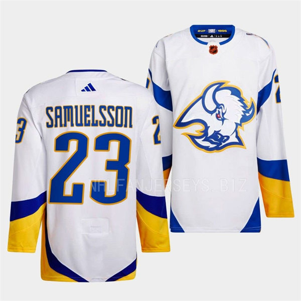  Men's Buffalo Sabres #23 Mattias Samuelsson White 2022 Reverse Retro Primegreen Jersey 