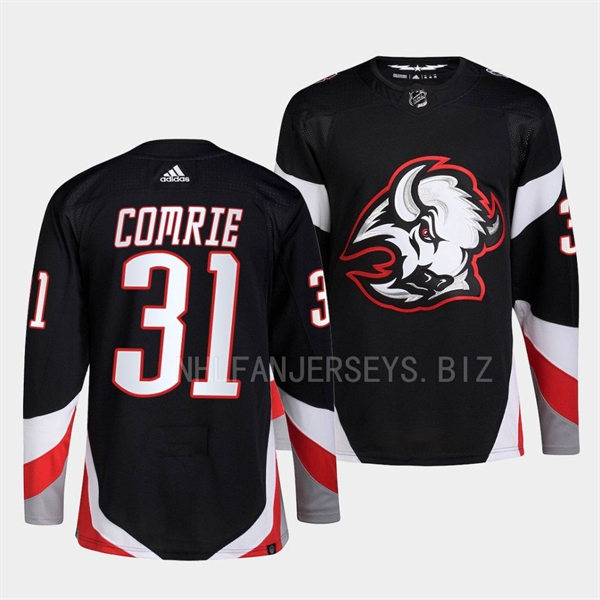  Men's Buffalo Sabres #31 Eric Comrie Black alternate 2022-23 Goathead Jersey 