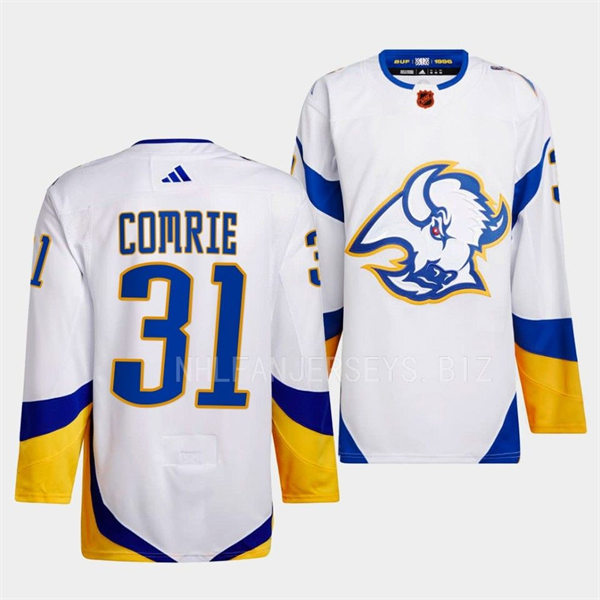  Men's Buffalo Sabres #31 Eric Comrie White 2022 Reverse Retro Primegreen Jersey 