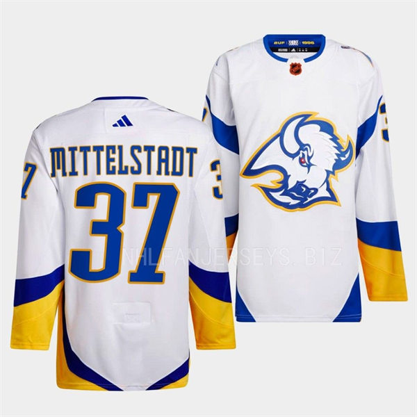  Men's Buffalo Sabres #37 Casey Mittelstadt White 2022 Reverse Retro Primegreen Jersey 