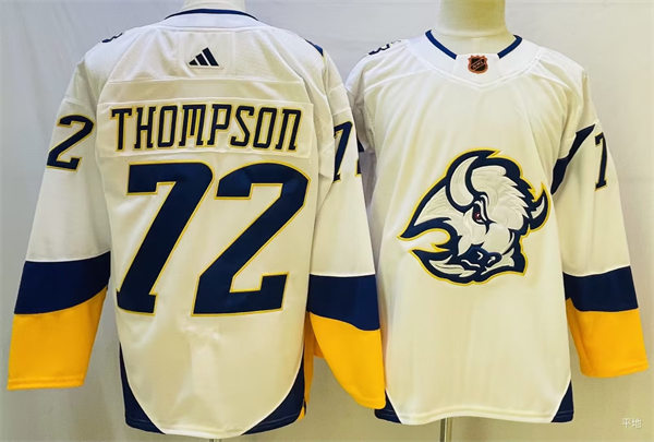  Men's Buffalo Sabres #72 Tage Thompson White 2022 Reverse Retro Primegreen Jersey 