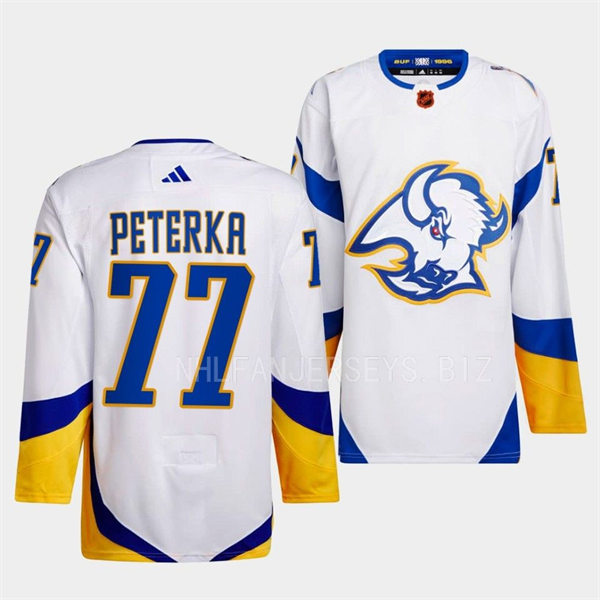  Men's Buffalo Sabres #77 JJ Peterka White 2022 Reverse Retro Primegreen Jersey 