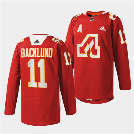 Men's Calgary Flames #11 Mikael Backlund Adidas Red Honor the Atlanta Flames 2022 50th Anniversary Warm-Up Jersey 