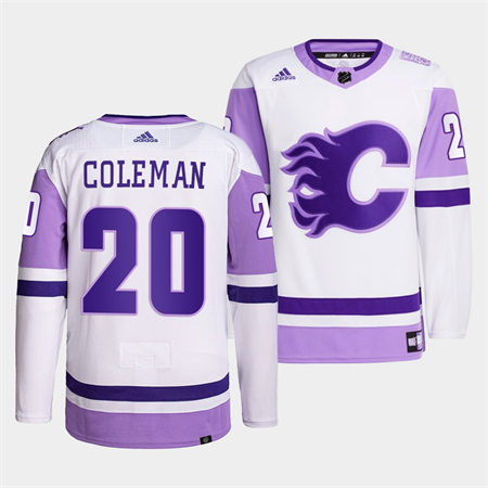 Men's Calgary Flames #20 Blake Coleman 2022 White Purple Hockey Fights Cancer Primegreen Jersey 