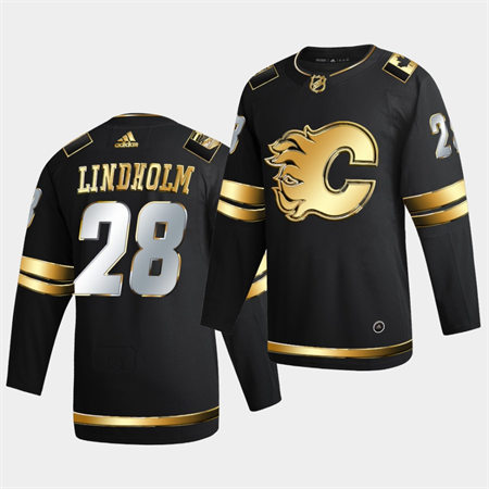  Men's Calgary Flames #28 Elias Lindholm 2021 Black Golden Edition Jersey 