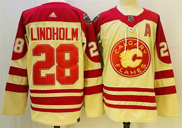  Men's Calgary Flames #28 Elias Lindholm 2023 NHL Heritage Classic Premier Player Jersey Cream 