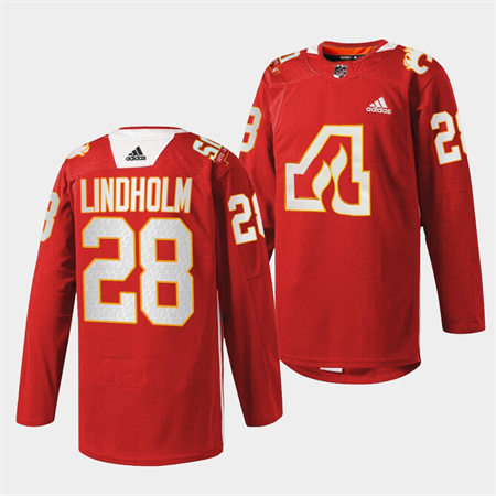  Men's Calgary Flames #28 Elias Lindholm Adidas Red Honor the Atlanta Flames 2022 50th Anniversary Warm-Up Jersey 