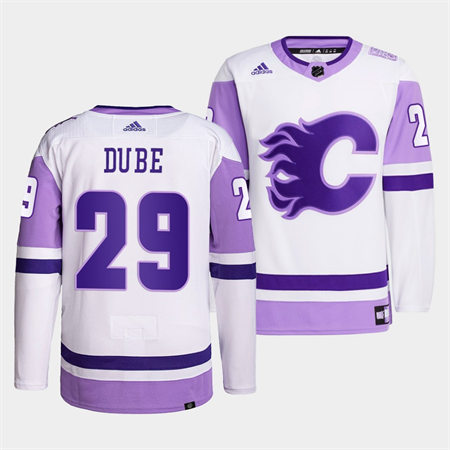  Men's Calgary Flames #29 Dillon Dube 2022 White Purple Hockey Fights Cancer Primegreen Jersey 