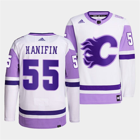  Men's Calgary Flames #55 Noah Hanifin 2022 White Purple Hockey Fights Cancer Primegreen Jersey 