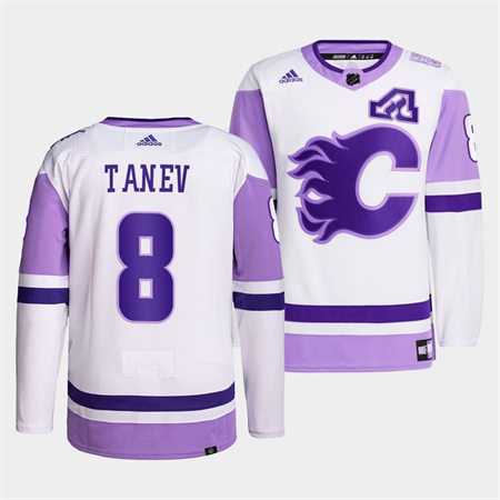  Men's Calgary Flames #8 Christopher Tanev 2022 White Purple Hockey Fights Cancer Primegreen Jersey 