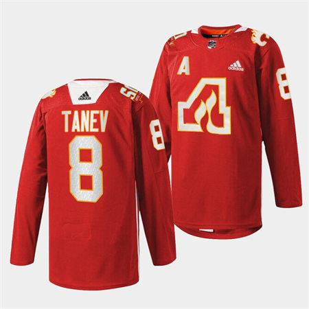  Men's Calgary Flames #8 Christopher Tanev Adidas Red Honor the Atlanta Flames 2022 50th Anniversary Warm-Up Jersey 