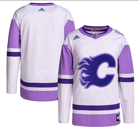  Men's Calgary Flames Blank adidas White Purple Hockey Fights Cancer Primegreen Practice Jersey 