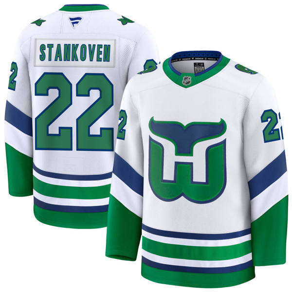  Men's Carolina Hurricanes #22 Logan Stankoven White Fanatics Throwback Premium Jersey 