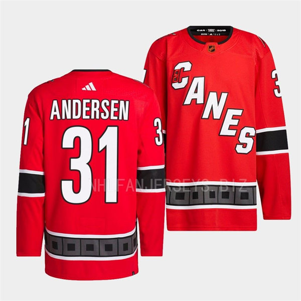  Men's Carolina Hurricanes #31 Frederik Andersen Red 2022 Reverse Retro Primegreen Jersey 