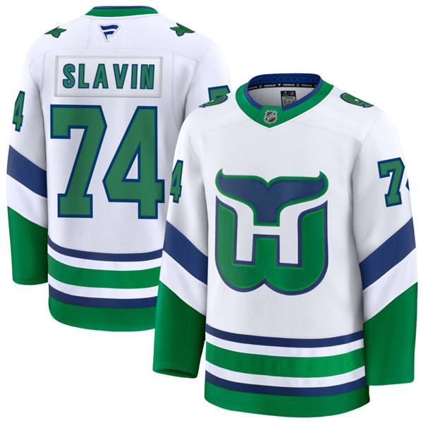  Men's Carolina Hurricanes #74 Jaccob Slavin White Fanatics Throwback Premium Jersey 