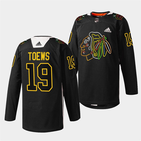  Men's Chicago Blackhawks #19 Jonathan Toews Black Warm-Up 2021-22 Foundation Night Jersey 