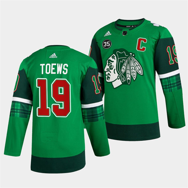 Men's Chicago Blackhawks #19 Jonathan Toews Green 2020 St. Patrick's Day Player Jersey 