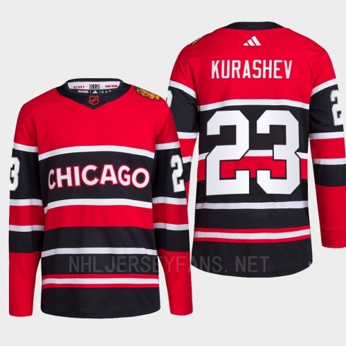  Men's Chicago Blackhawks #23 Philipp Kurashev Red Black 2022 Reverse Retro Primegreen Jersey 