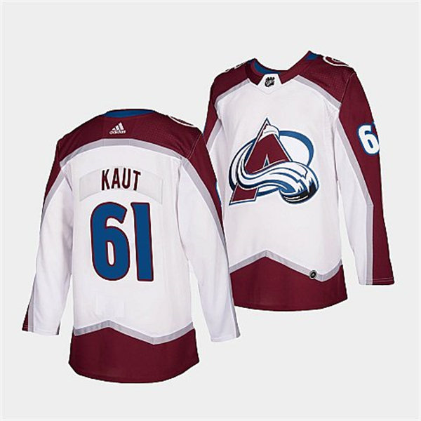  Men's Colorado Avalanche #61 Martin Kaut 2022 White Away Blue Number Premier Player Jersey 